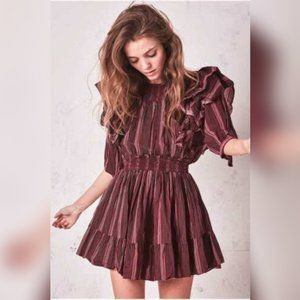 Love Shack Fancy Cassi Dress S Women Casual Stripe Smocked Ruffle Mini NEW 23415